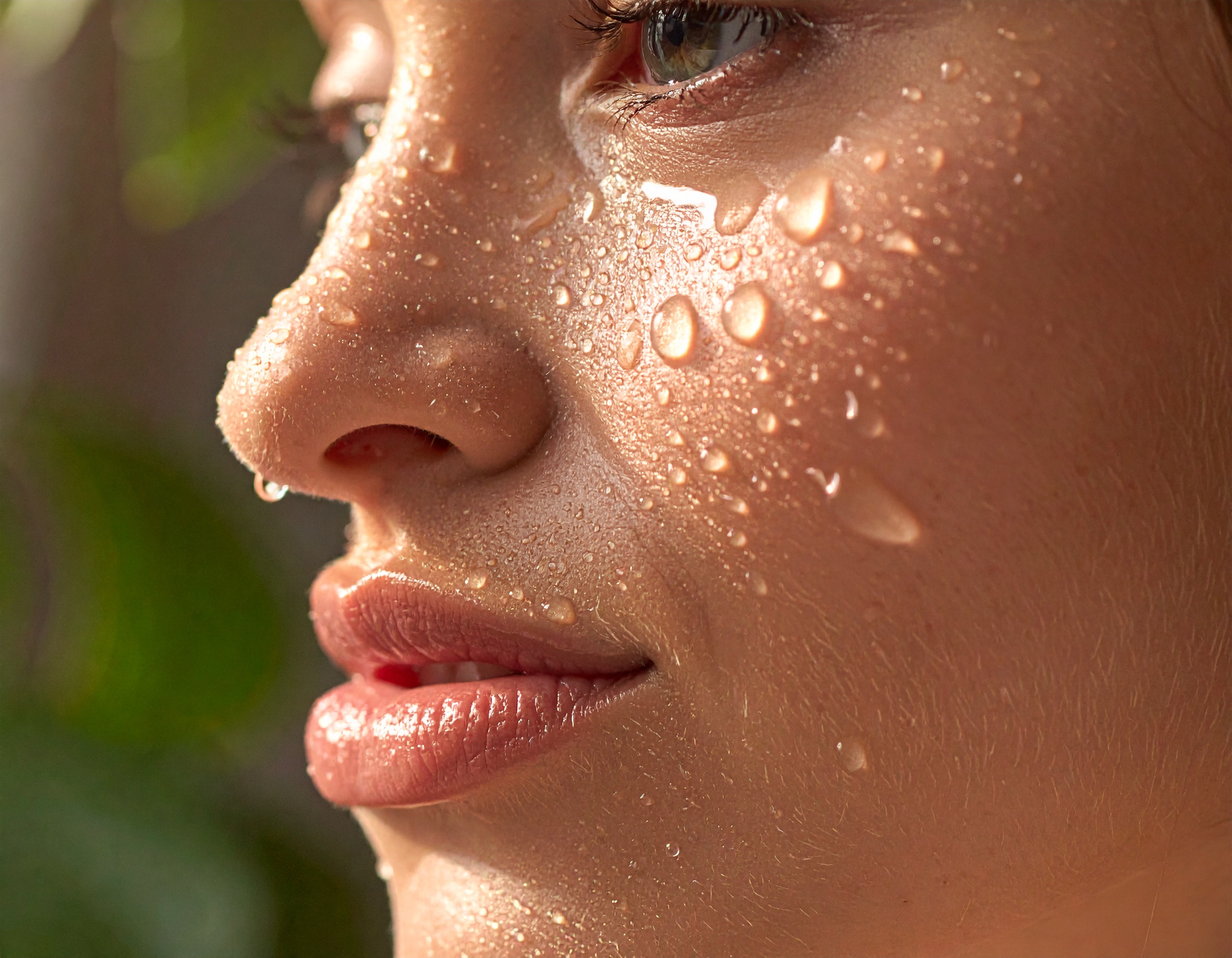 Close-up of Female Face with Water Drops on Illuminated Skin